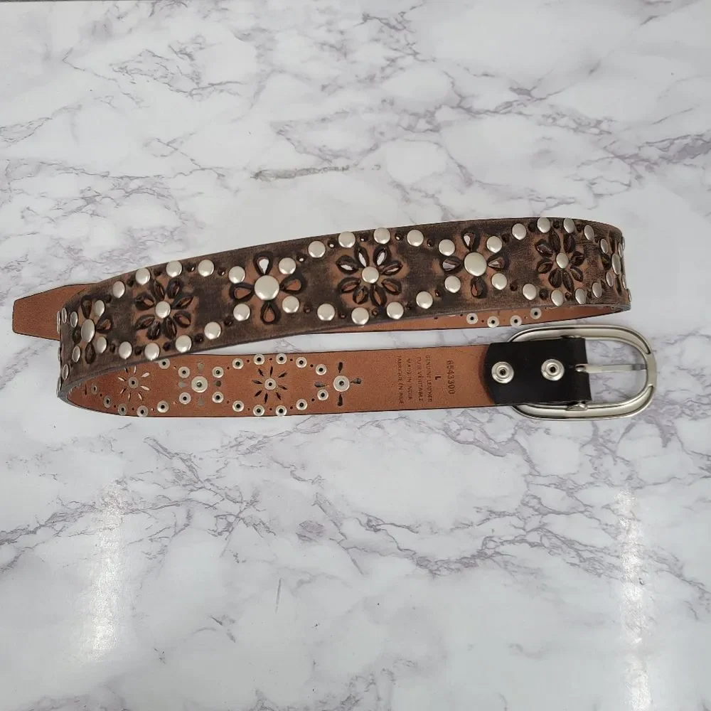 Brown Leather Studded Belt Floral Cutouts Oversized Silver Toned Oval Buckle